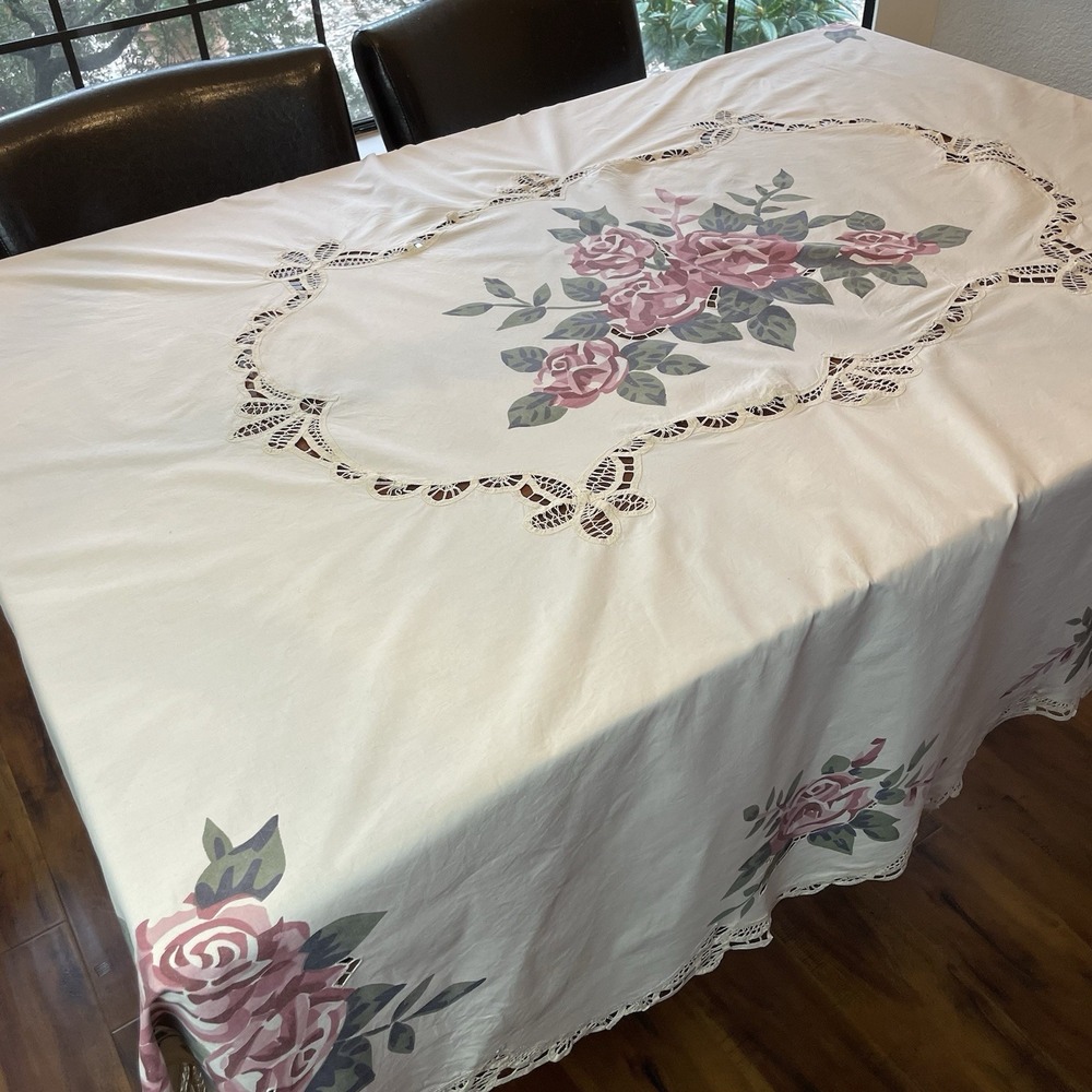 Battenburg Lace‎ Oval Tablecloth 66x82 Ecru Beige Rose Floral Cutout 100% Cotton